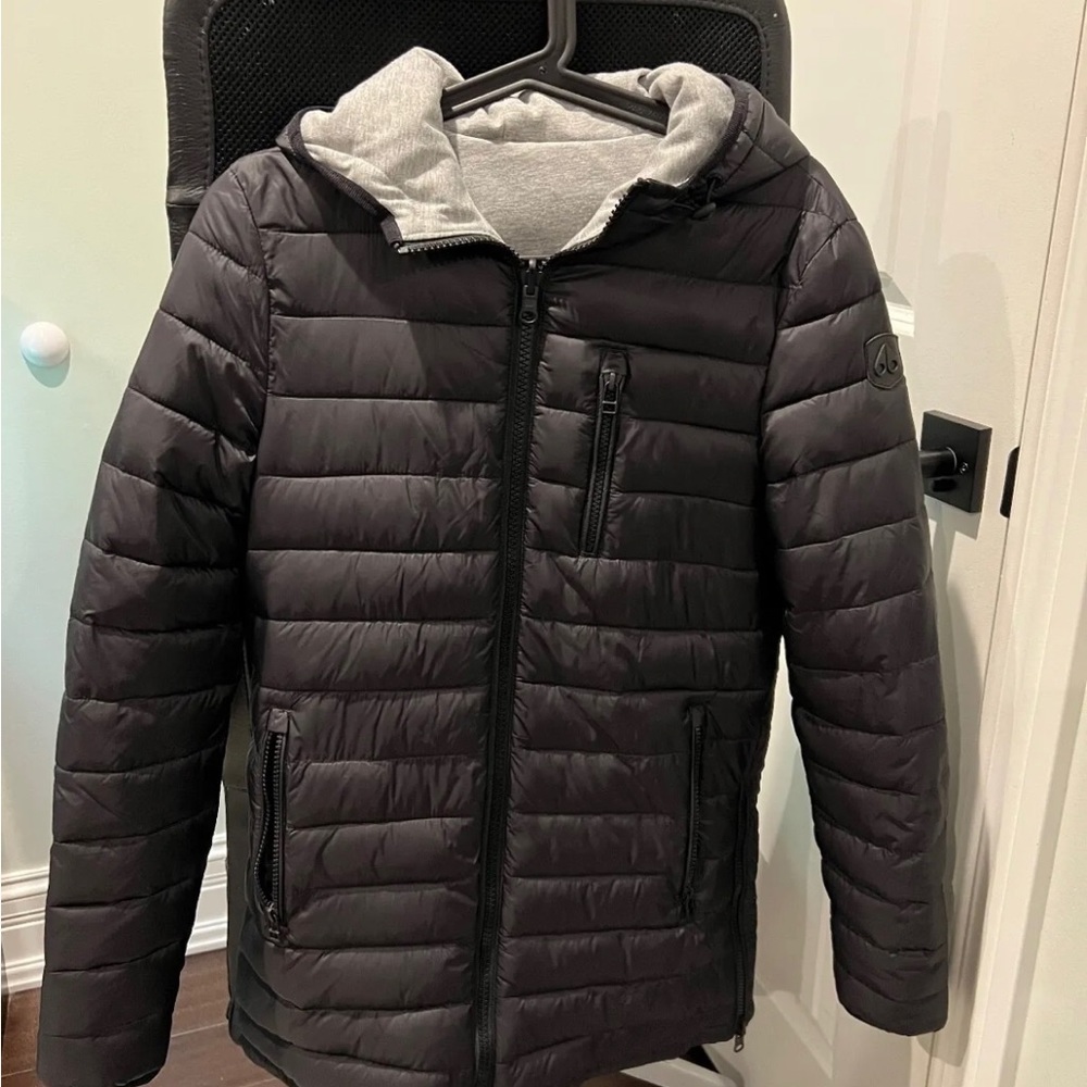 Moose Knuckles Black Quilted Puffer Jacket with Gray Hood Lining